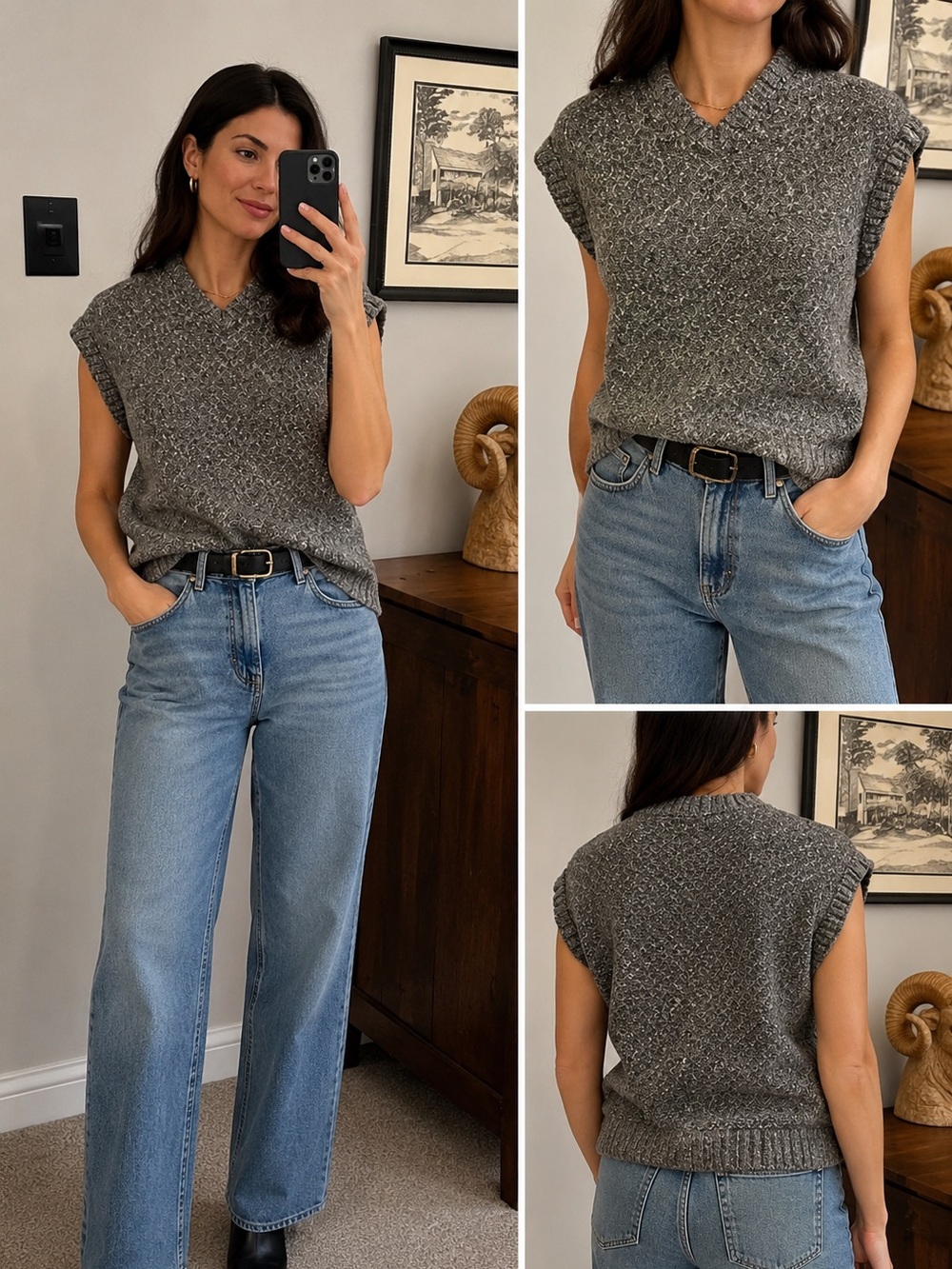 Vintage Angels Flight Speckled Knit Sweater Vest Gray Textured V-Neck Vest